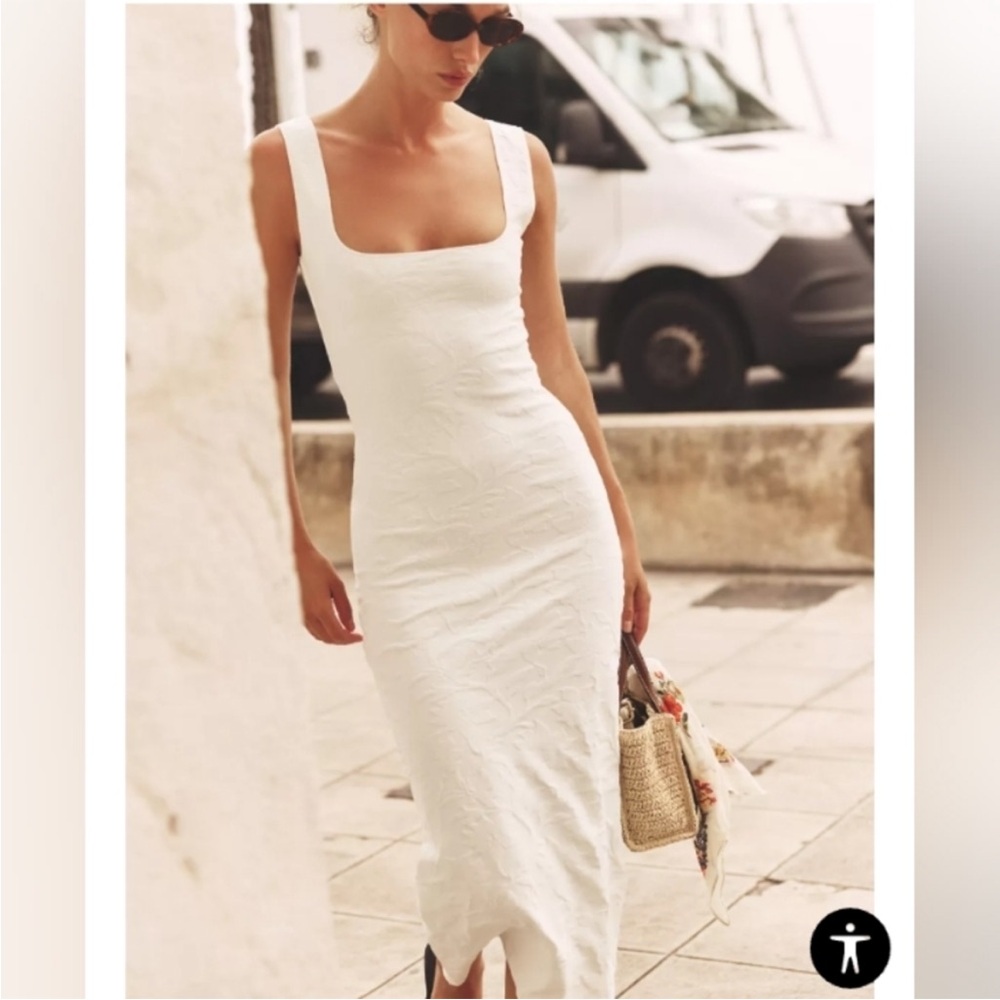 NWT Zara Stretch Square Neck Textured Midi Dress M - Picture 4 of 16